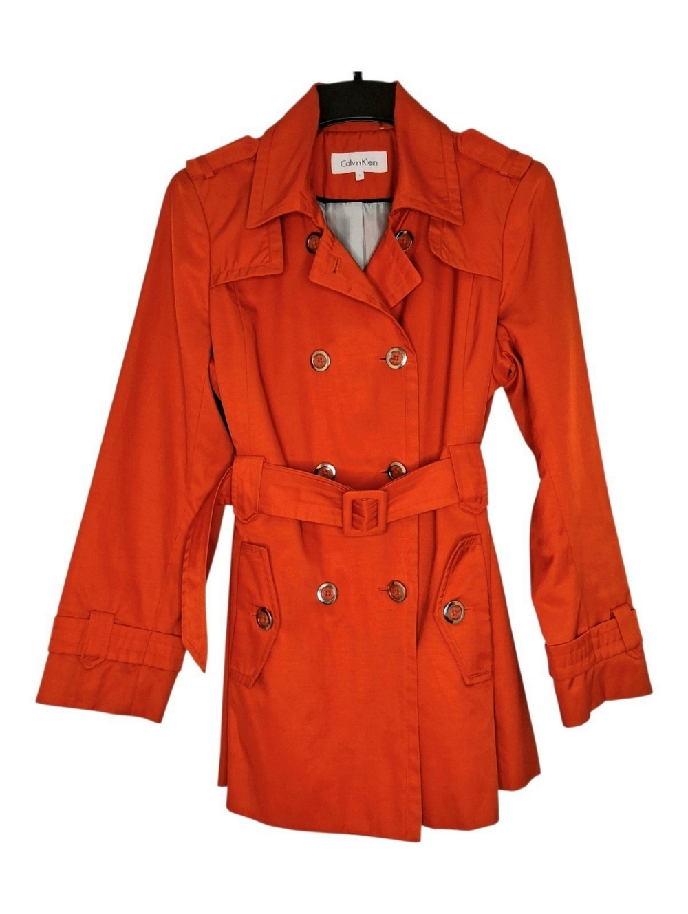 Calvin Klein Cotton Blend Trench Rain Coat Jacket Belted Sz Large Tomato Red